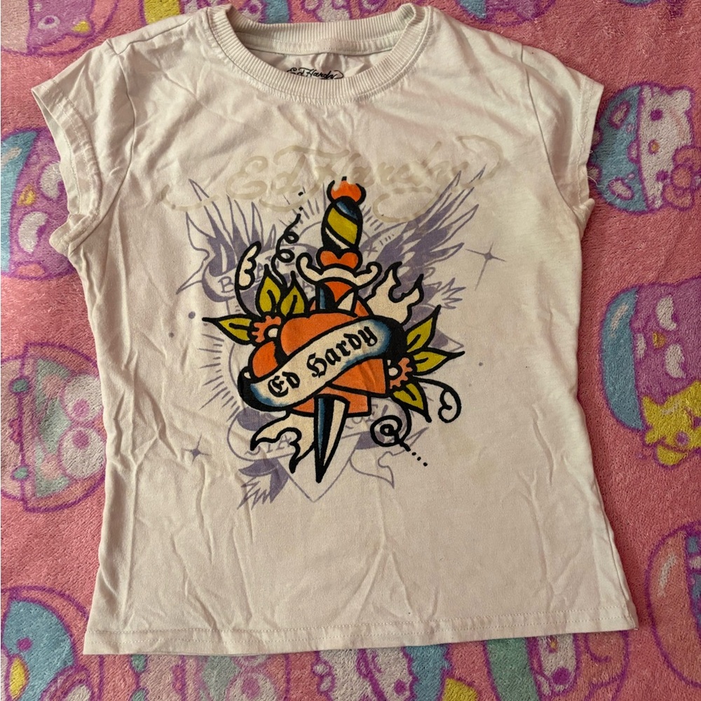 Ed Hardy White Tee with Orange and Black Tattoo Design